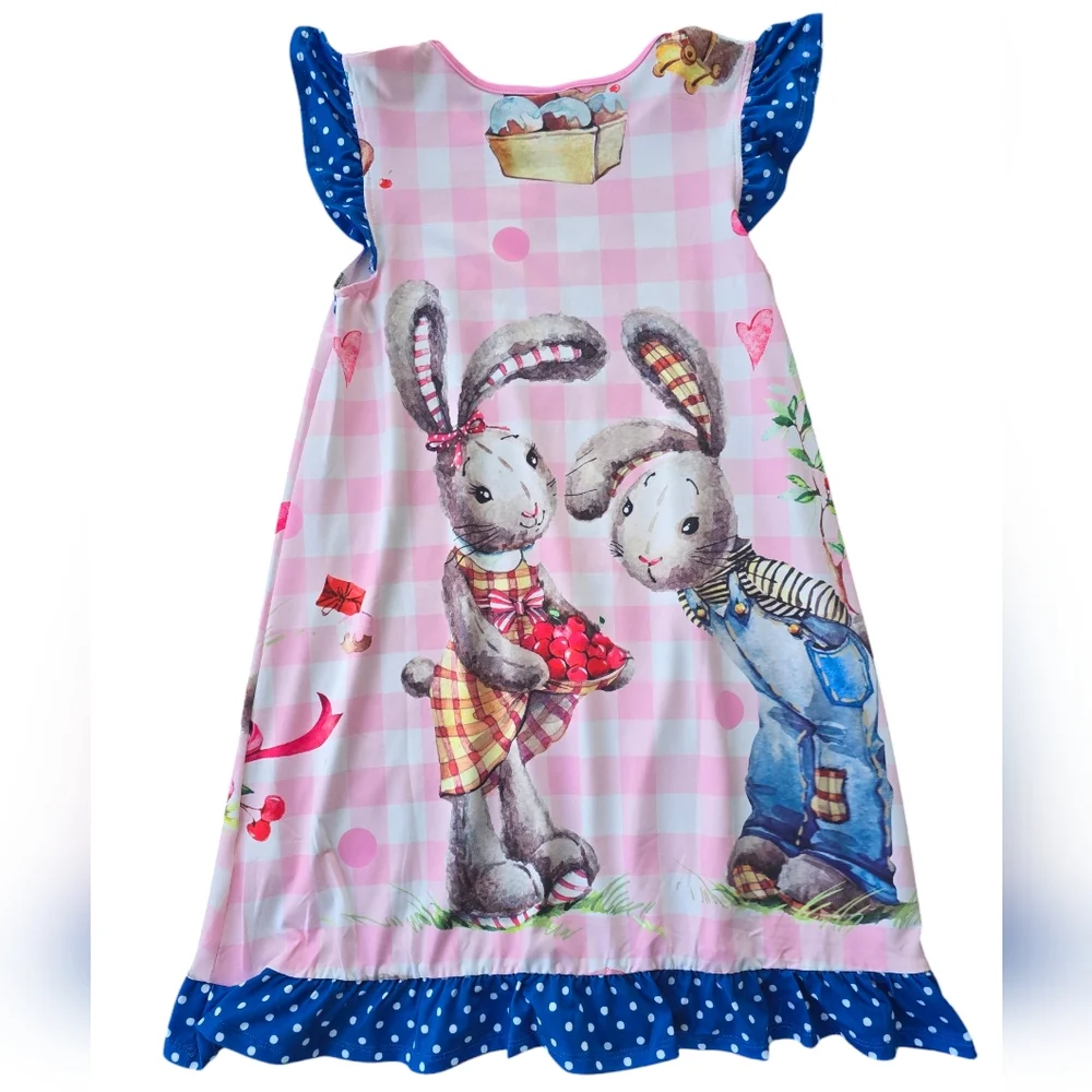 NWT Penelope Plumm Pink/Blue Bunny/Easter Ruffle Dress Size 12
